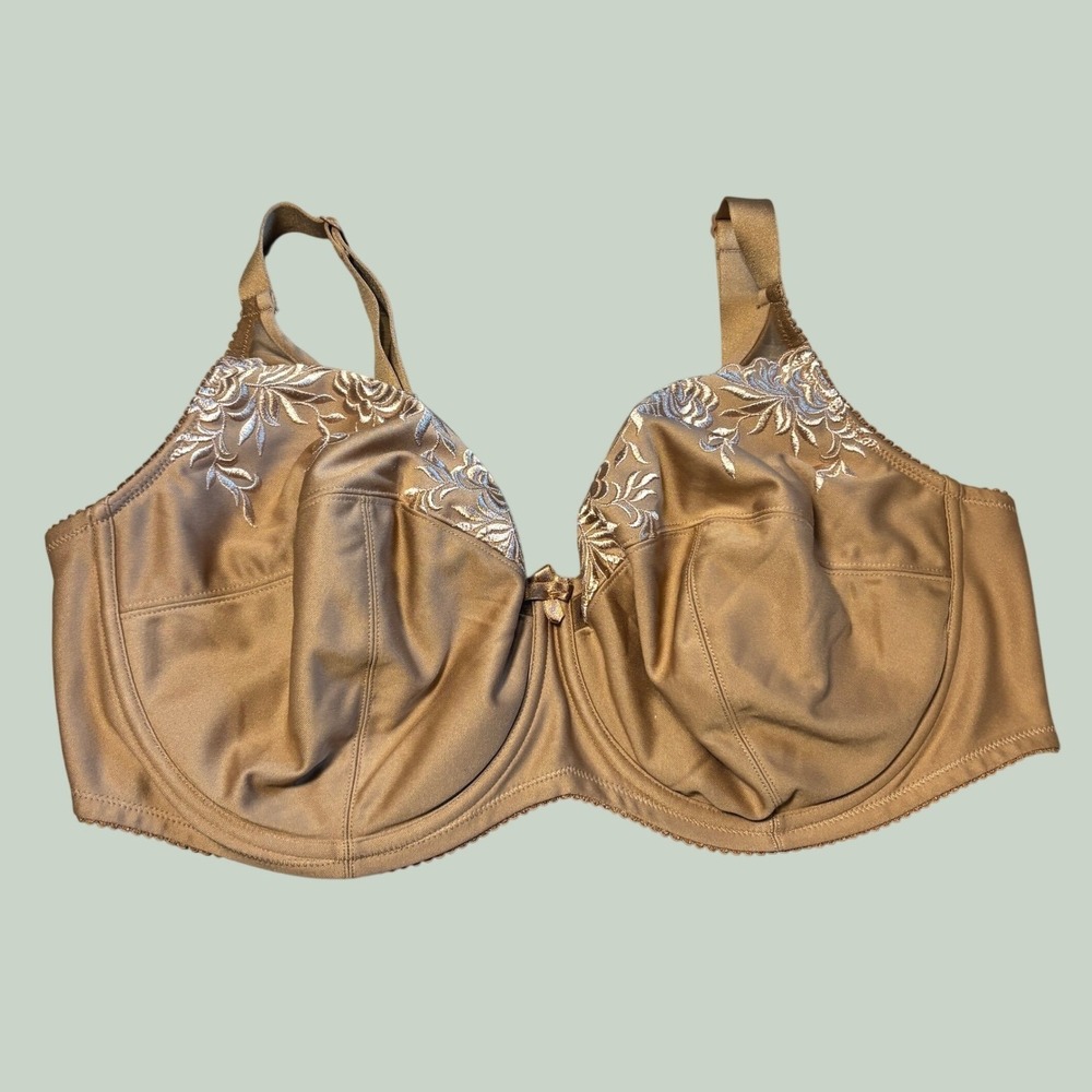 Elila Womens Underwire Bra 44F Tan Nylon Floral Embroidery Full Coverage